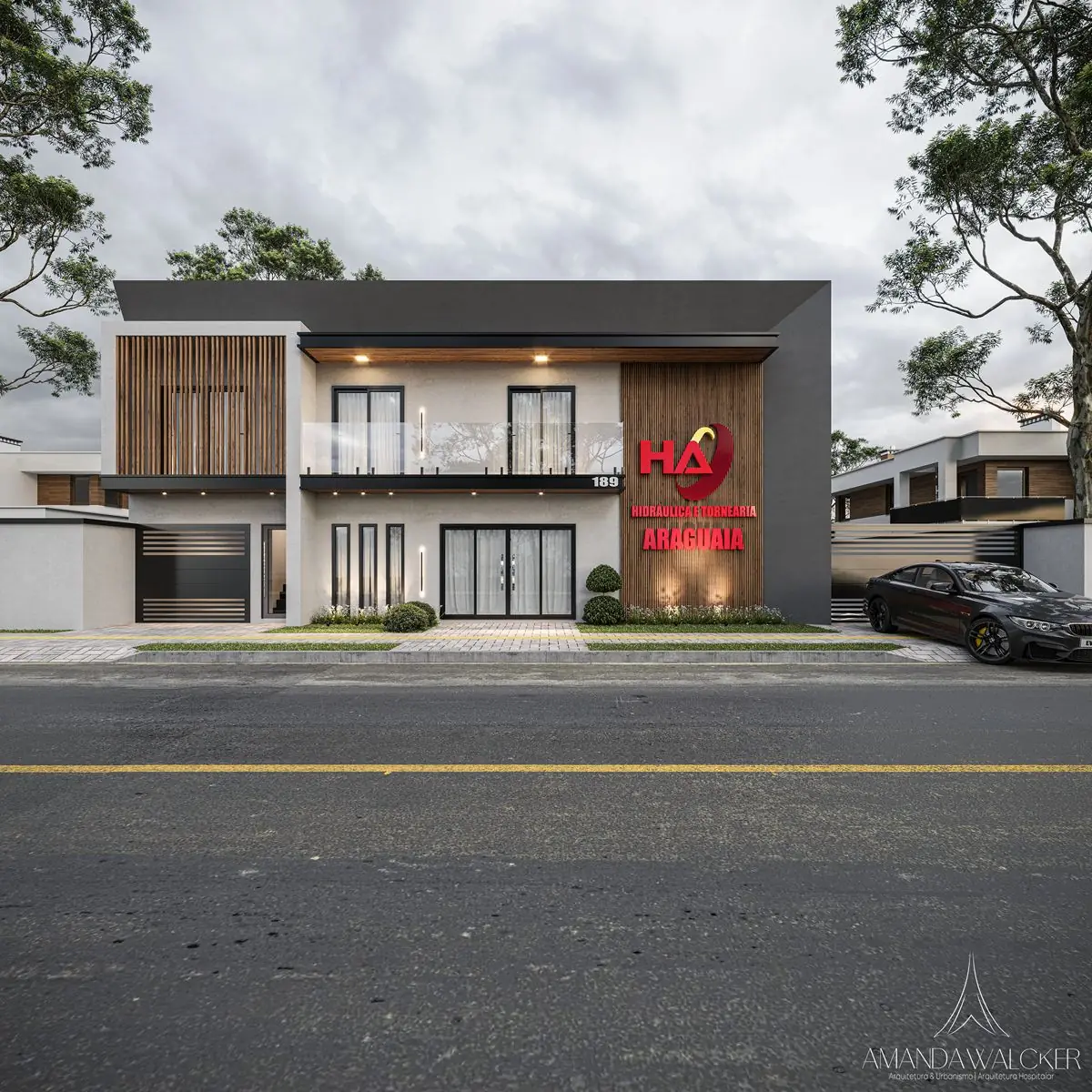 Fachada frontal com painel ripado e a marca da empresa