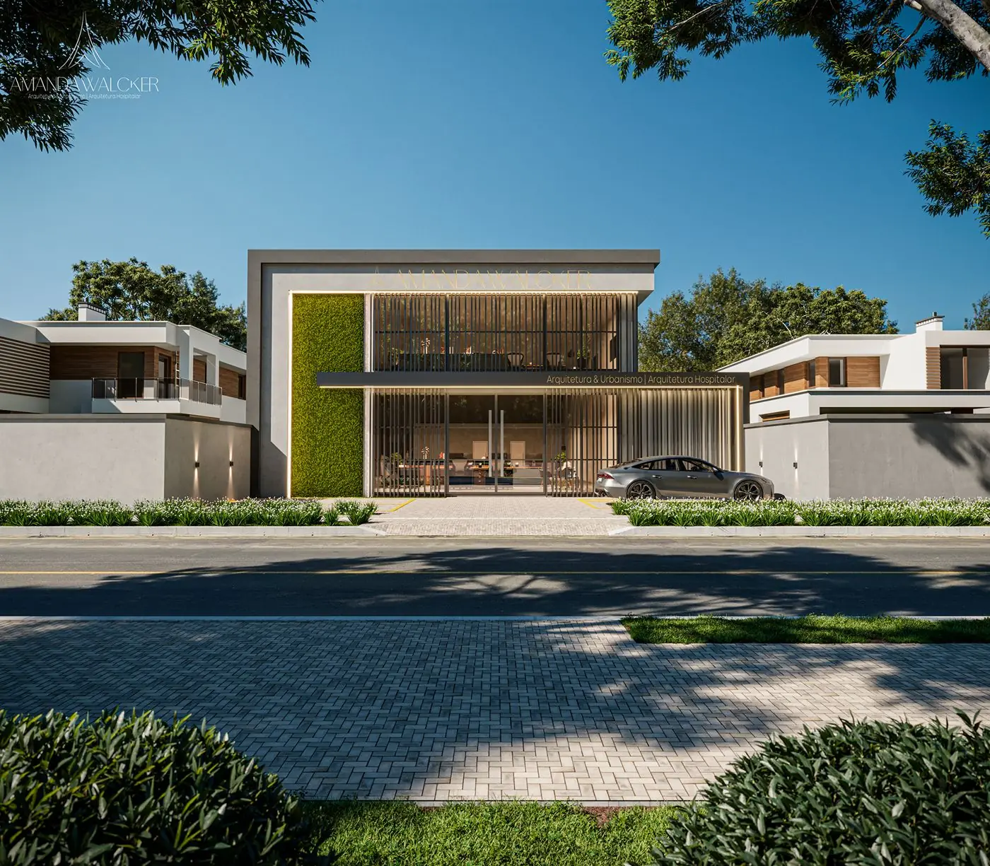 Fachada com jardim vertical e brises verticais