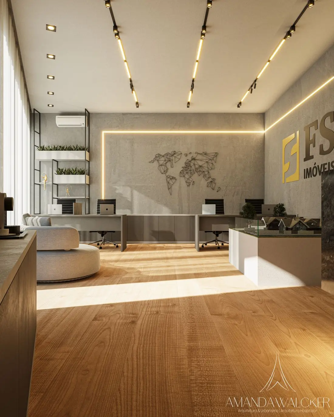 Parede com a marca da imobiliária e maquete em vitrine