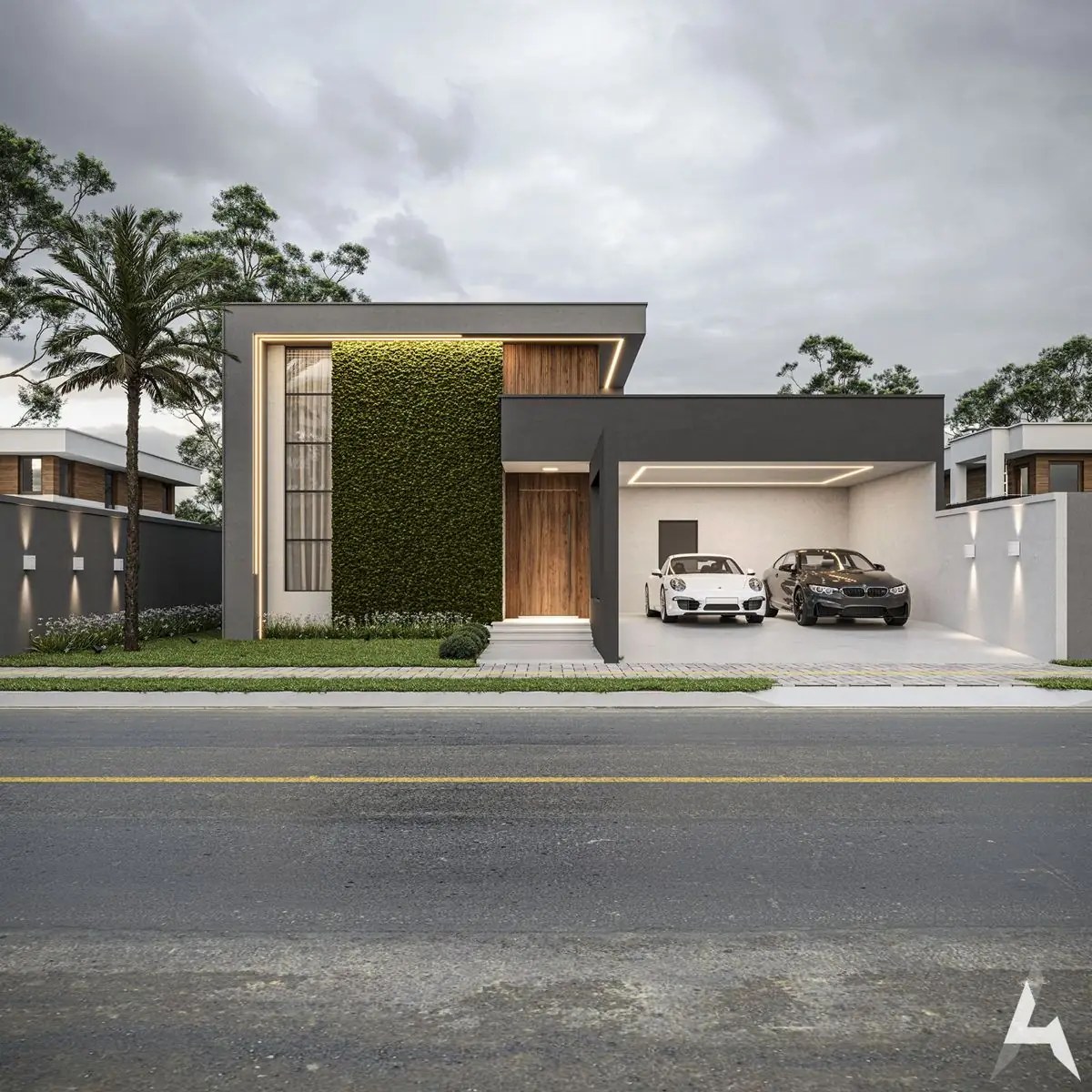 Fachada frontal com jardim vertical e porta em madeira