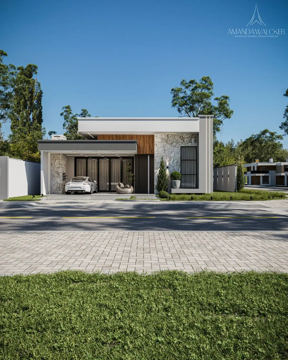 Fachada frontal com pedra natural, ripado e garagem coberta