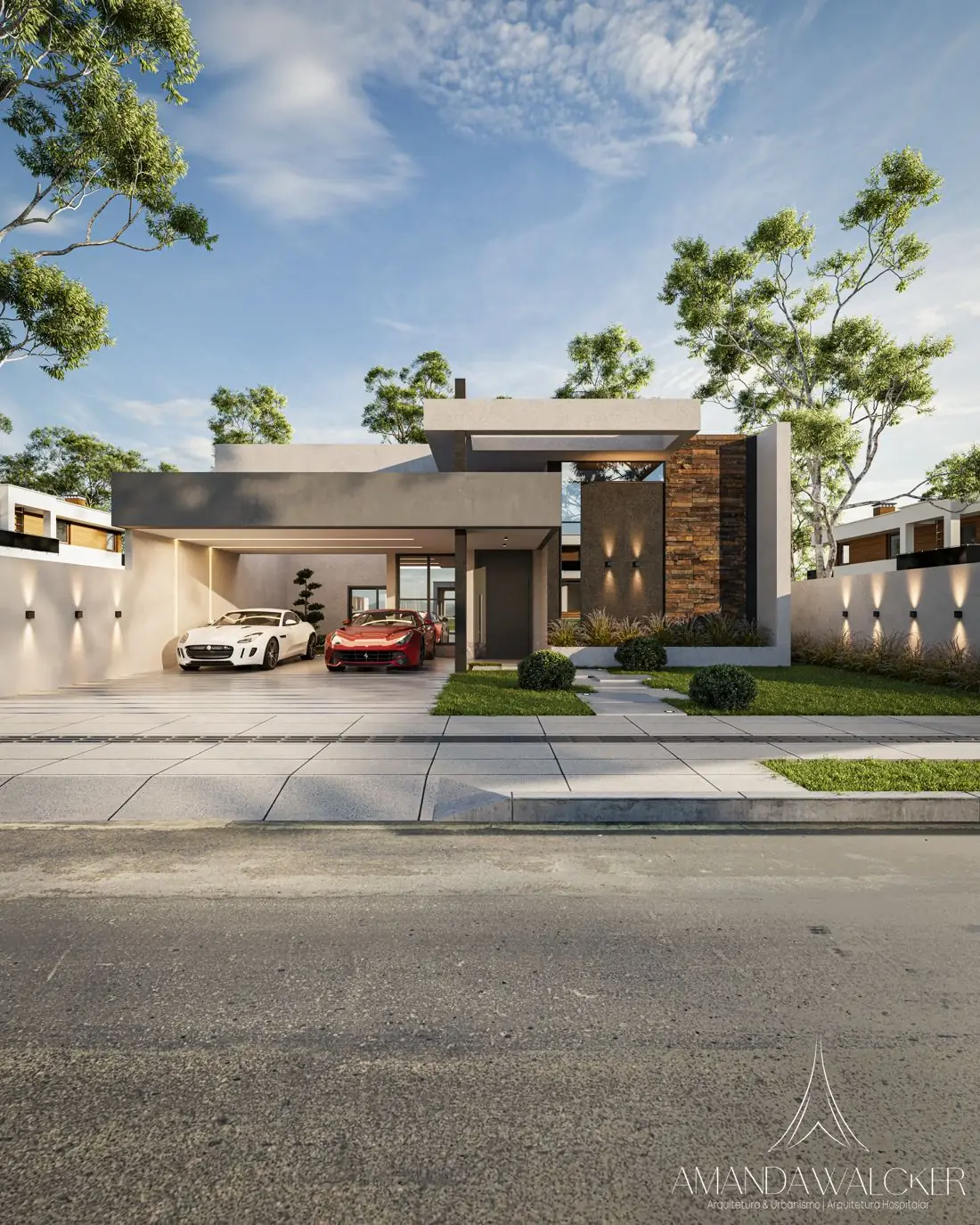 Fachada frontal com painel em pedra e garagem iluminada