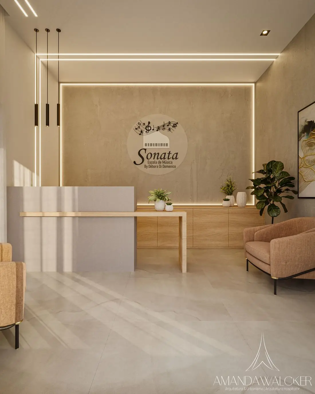 Recepção com o logotipo da escola e luz linear
