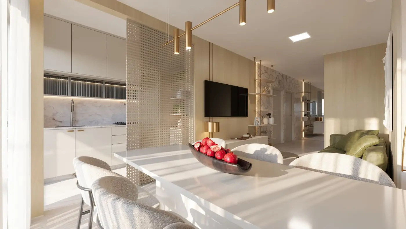 Apartamento decorado: living com painel de TV em madeira